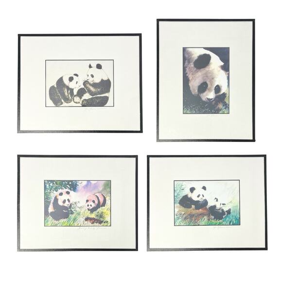 Dong Liang Yuan Set of 4 Framed & Matted Small Signed “Panda” Prints 10”X8”